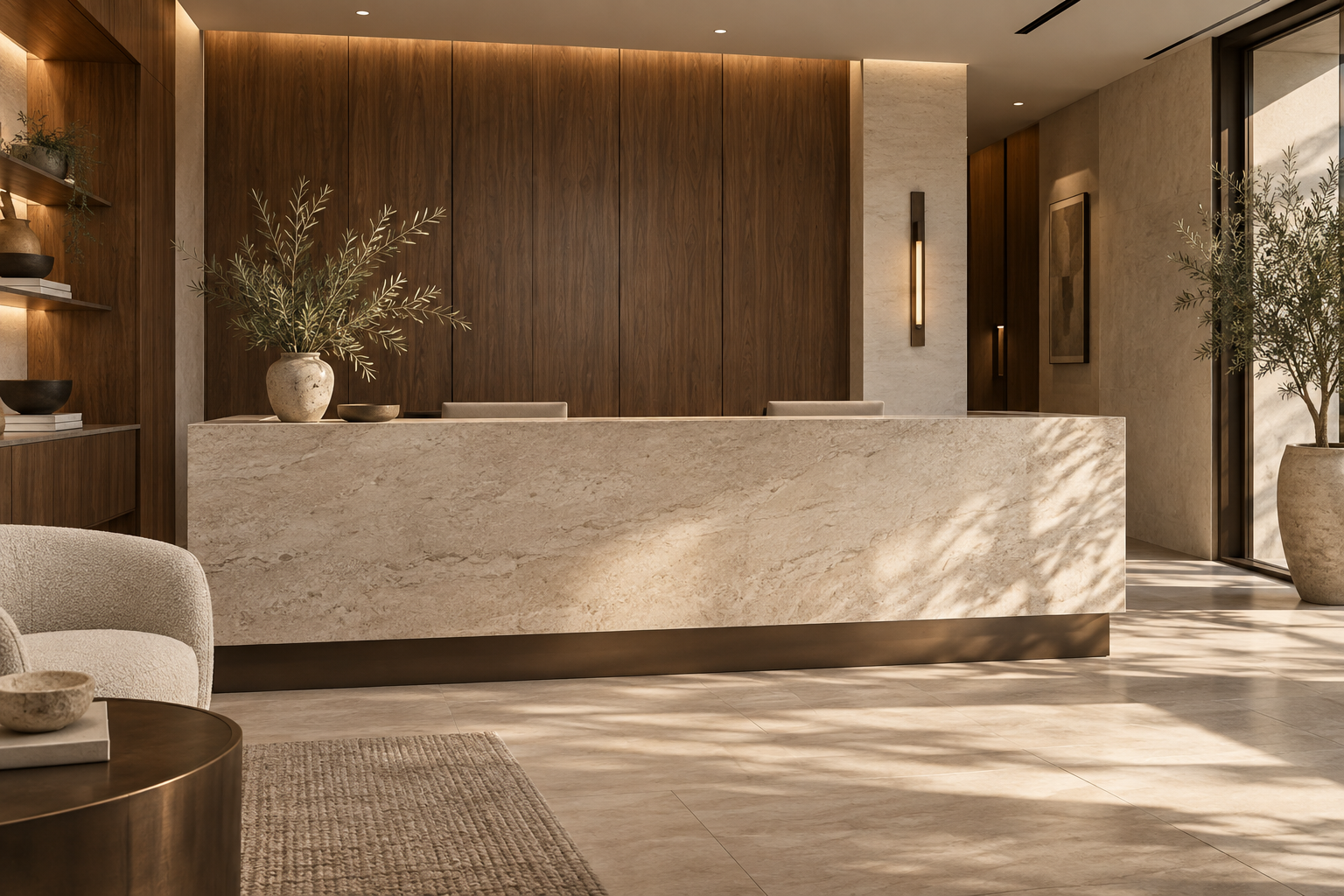 Recepción de clínica, imagen conceptual con luz natural y materiales cálidos